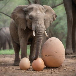 A magical scene of an elephant hatching from an egg, with the mother elephant lovingly standing by its side.