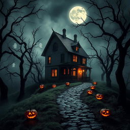 A mesmerizing Halloween-themed scene featuring a creepy haunted house with cracked walls and eerie windows, set against a backdrop of swirling fog