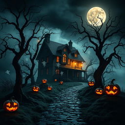 A mesmerizing Halloween-themed scene featuring a creepy haunted house with cracked walls and eerie windows, set against a backdrop of swirling fog
