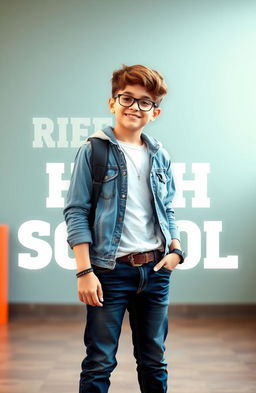 A cool, stylized high school boy standing confidently with a text overlay in the background that has motivational or inspirational words