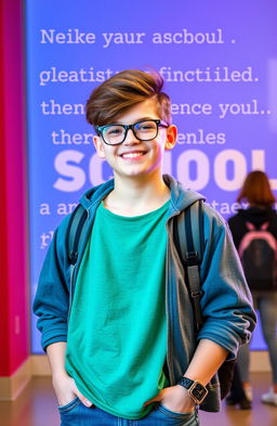 A cool, stylized high school boy standing confidently with a text overlay in the background that has motivational or inspirational words