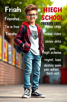A cool, stylized high school boy standing confidently with a text overlay in the background that has motivational or inspirational words