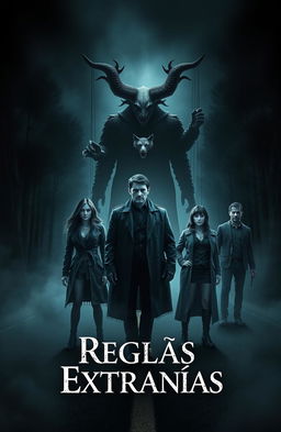 A dark and eerie cover art for the horror title 'Reglas Extrañas' by Aliad3x, featuring the main characters in a chilling scene