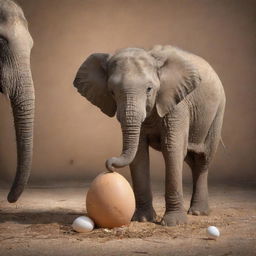 A magical scene of an elephant hatching from an egg, with the mother elephant lovingly standing by its side.