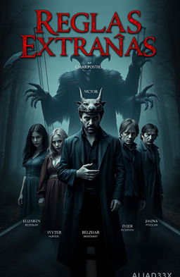 A dark and eerie cover art for the horror title 'Reglas Extrañas' by Aliad3x, featuring the main characters in a chilling scene