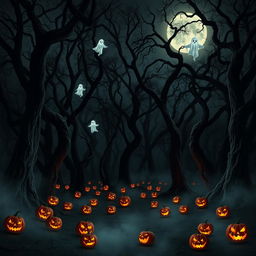 A dark and spooky forest, thick with looming trees that twist grotesquely in the moonlight