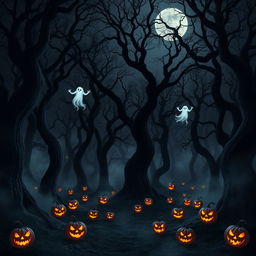 A dark and spooky forest, thick with looming trees that twist grotesquely in the moonlight