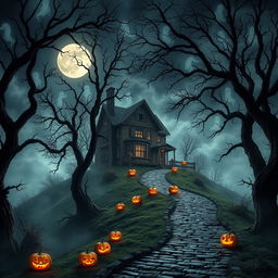 A captivating Halloween-themed scene featuring a hauntingly beautiful haunted house set against a backdrop of swirling, ghostly fog