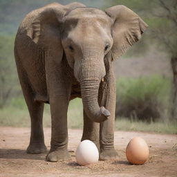 A magical scene of an elephant hatching from an egg, with the mother elephant lovingly standing by its side.