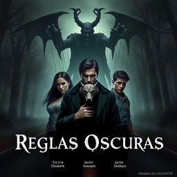 A chilling cover art for the horror title 'Reglas Oscuras' by Aliad3x, featuring the main characters in a haunting scene