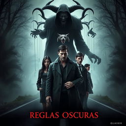 A chilling cover art for the horror title 'Reglas Oscuras' by Aliad3x, featuring the main characters in a haunting scene