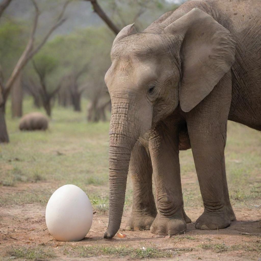 A gentle elephant sitting calmly, incubating an egg underneath itself in a peaceful natural setting.