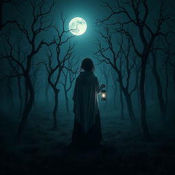 A dark and misty forest devoid of grass and filled with dead trees, illuminated by the faint light of a full moon