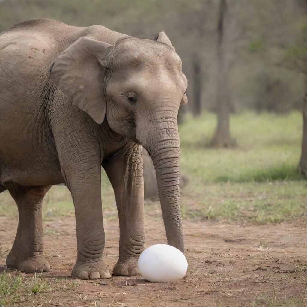 A gentle elephant sitting calmly, incubating an egg underneath itself in a peaceful natural setting.