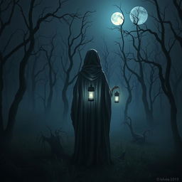 A dark and misty forest devoid of grass and filled with dead trees, illuminated by the faint light of a full moon