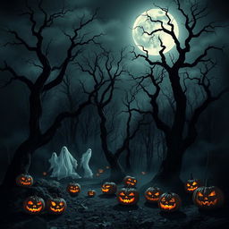 A mysterious and scary forest under a moonlit sky, where gnarled trees rise ominously, their branches twisting into eerie shapes