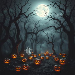 A mysterious and scary forest under a moonlit sky, where gnarled trees rise ominously, their branches twisting into eerie shapes
