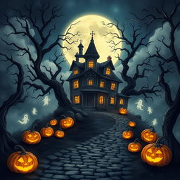 A captivating Halloween-themed illustration showcasing a haunted house shrouded in mist, standing ominously on a hill