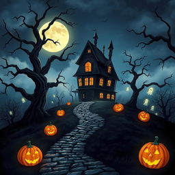 A captivating Halloween-themed illustration showcasing a haunted house shrouded in mist, standing ominously on a hill