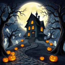 A captivating Halloween-themed illustration showcasing a haunted house shrouded in mist, standing ominously on a hill