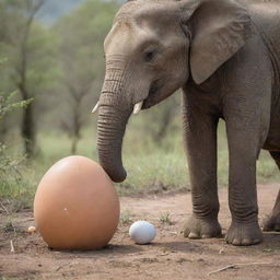 A gentle elephant sitting calmly, incubating an egg underneath itself in a peaceful natural setting.