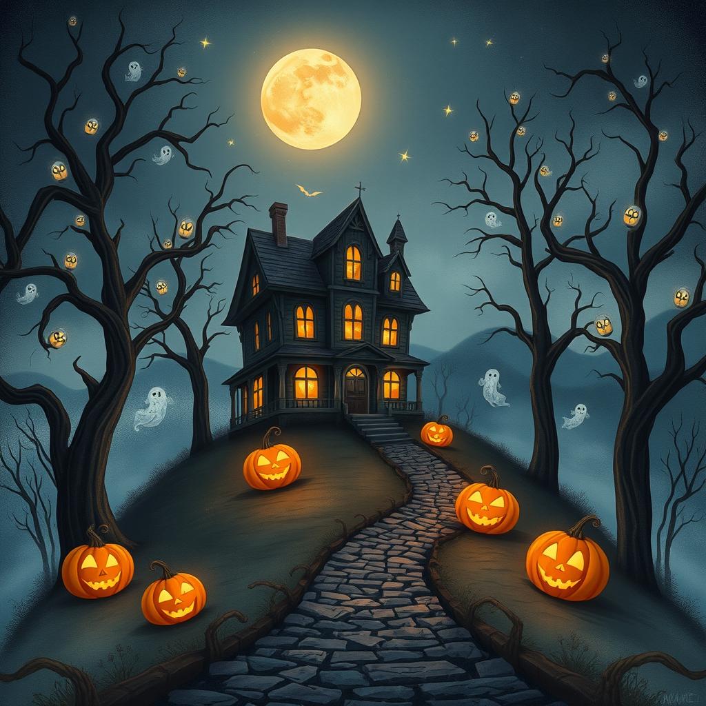 An enchanting Halloween-themed illustration featuring a haunted house perched on a misty hill under a starry night sky