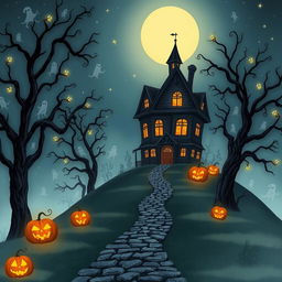 An enchanting Halloween-themed illustration featuring a haunted house perched on a misty hill under a starry night sky