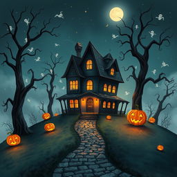 An enchanting Halloween-themed illustration featuring a haunted house perched on a misty hill under a starry night sky