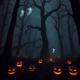 A dark and eerie forest shrouded in mist, where tall, gnarled trees loom menacingly, their twisted branches clawing at the night sky