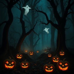 A dark and eerie forest shrouded in mist, where tall, gnarled trees loom menacingly, their twisted branches clawing at the night sky