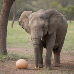 A gentle elephant sitting calmly, incubating an egg underneath itself in a peaceful natural setting.