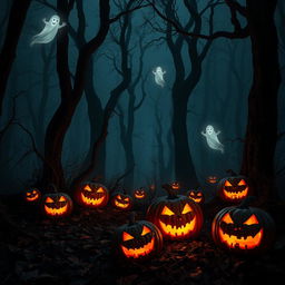 A dark and eerie forest shrouded in mist, where tall, gnarled trees loom menacingly, their twisted branches clawing at the night sky