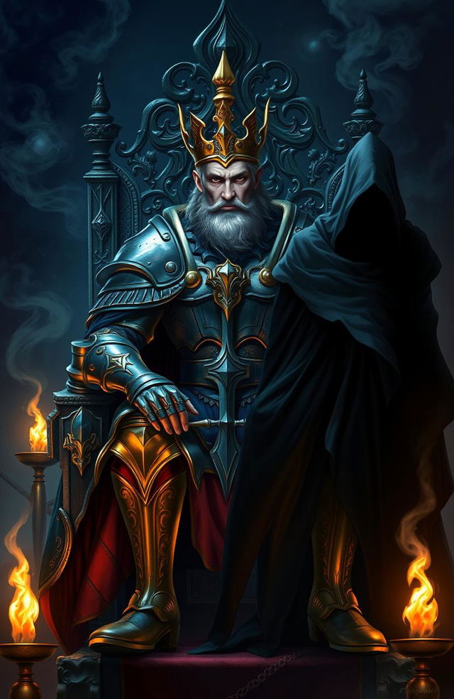 A fantasy artwork depicting a majestic king in ornate armor and a flowing cape, seated on a grand throne