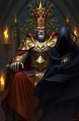 A fantasy artwork depicting a majestic king in ornate armor and a flowing cape, seated on a grand throne
