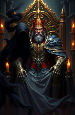 A fantasy artwork depicting a majestic king in ornate armor and a flowing cape, seated on a grand throne