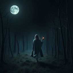 A dark and misty forest devoid of grass, filled with skeletal dead trees, under a pitch-black night sky without any stars