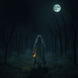 A dark and misty forest devoid of grass, filled with skeletal dead trees, under a pitch-black night sky without any stars