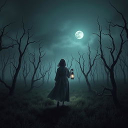A dark and misty forest devoid of grass, filled with twisted dead trees, set under a night sky with no stars visible