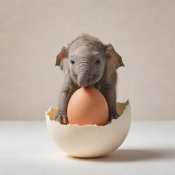 A surreal scene of a hatching egg, with a tiny, adorably proportioned baby elephant emerging from it against a light background