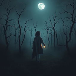 A dark and misty forest devoid of grass, filled with twisted dead trees, set under a night sky with no stars visible