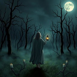 A dark and misty forest devoid of grass, filled with twisted dead trees, set under a night sky with no stars visible