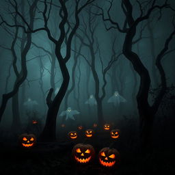 A haunting scene set in a scary forest, where tall, twisted trees with dark, knotted branches reach ominously into the night sky