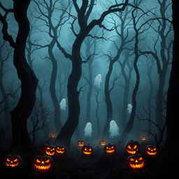 A haunting scene set in a scary forest, where tall, twisted trees with dark, knotted branches reach ominously into the night sky