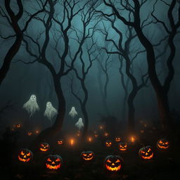 A haunting scene set in a scary forest, where tall, twisted trees with dark, knotted branches reach ominously into the night sky