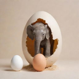 A surreal scene of a hatching egg, with a tiny, adorably proportioned baby elephant emerging from it against a light background