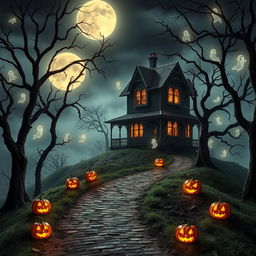 An enchanting Halloween-themed scene depicting a haunted house perched on a misty hill, bathed in the glow of the full moon