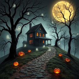 An enchanting Halloween-themed scene depicting a haunted house perched on a misty hill, bathed in the glow of the full moon