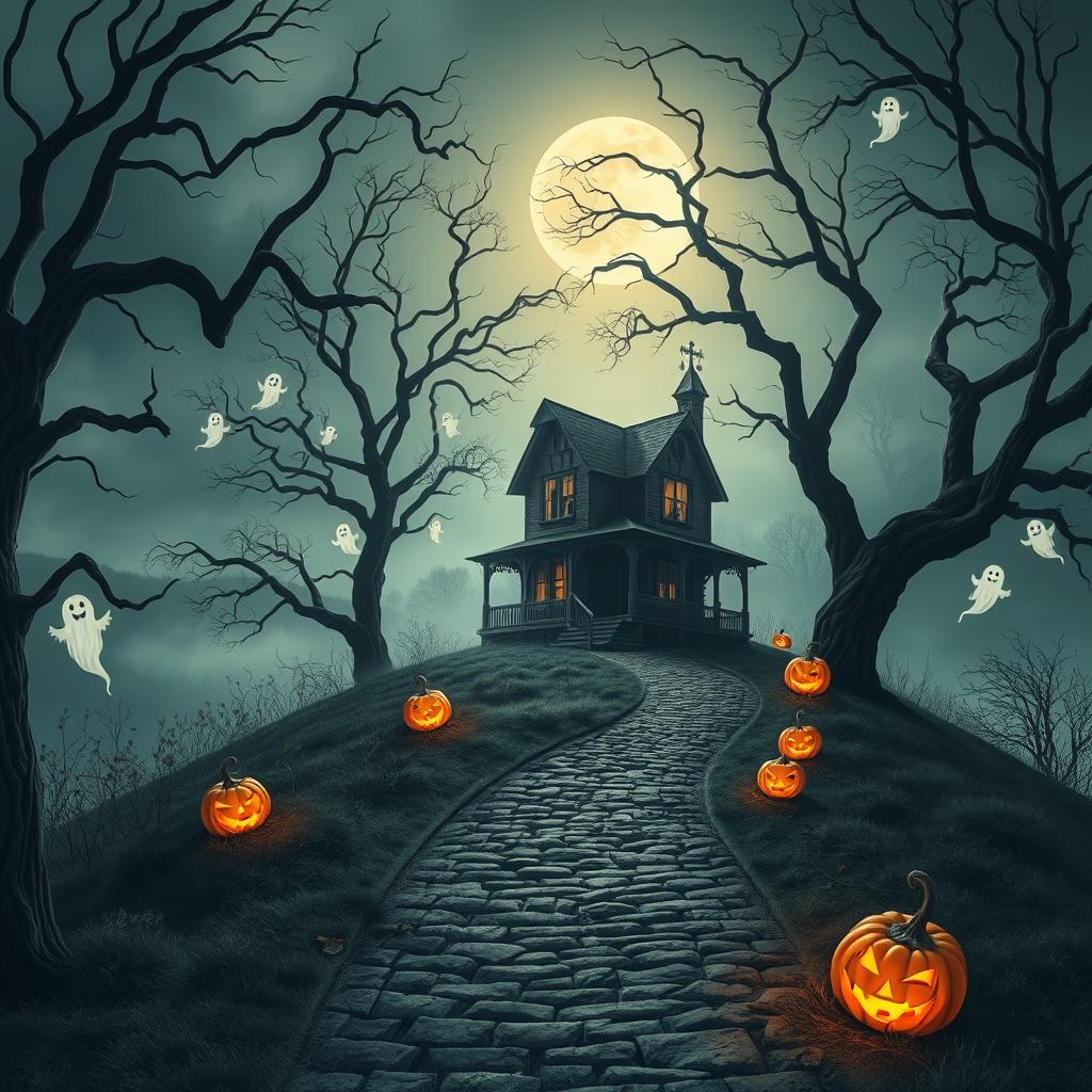 An enchanting Halloween-themed scene depicting a haunted house perched on a misty hill, bathed in the glow of the full moon