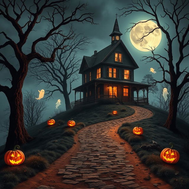 An enchanting Halloween-themed scene depicting a haunted house perched on a misty hill, bathed in the glow of the full moon