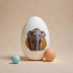 A surreal scene of a hatching egg, with a tiny, adorably proportioned baby elephant emerging from it against a light background